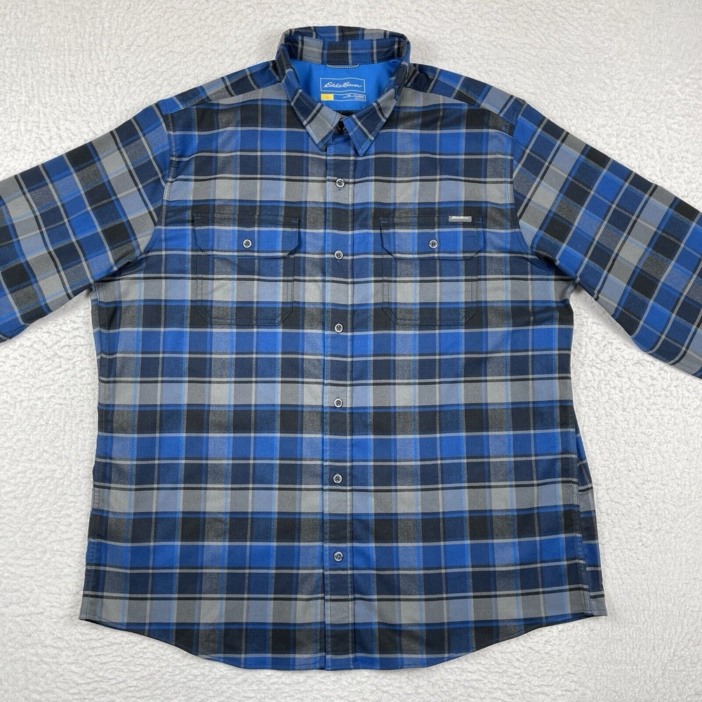 Eddie Bauer Shirt Mens XXL Classic Blue Plaid Country‎ Hike Camp Cabin Outdoors - Picture 7 of 12